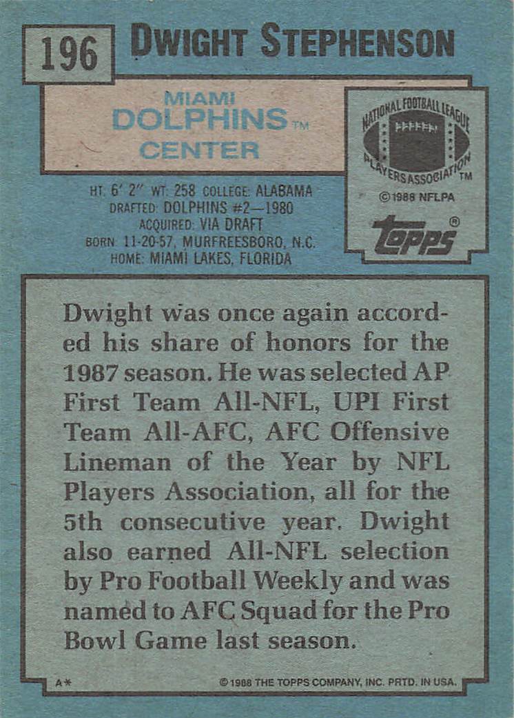 1988 Topps Football Dwight Stephenson #196