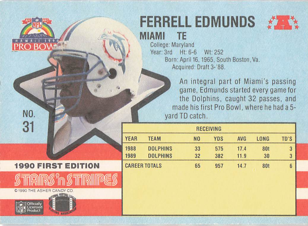 1990 Asher Candy Stars 'n Stripes Football Ferrell Edmunds #31