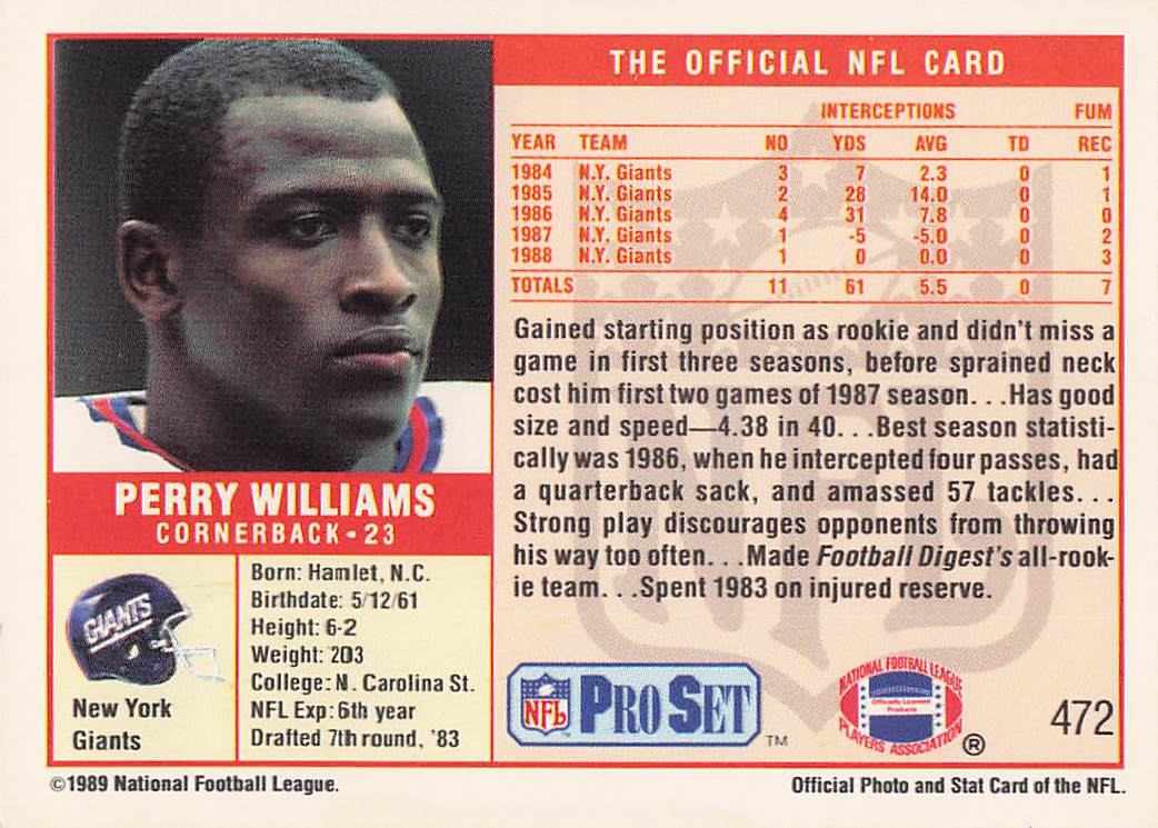 1989 Pro Set Football Perry Williams #472 Rookie