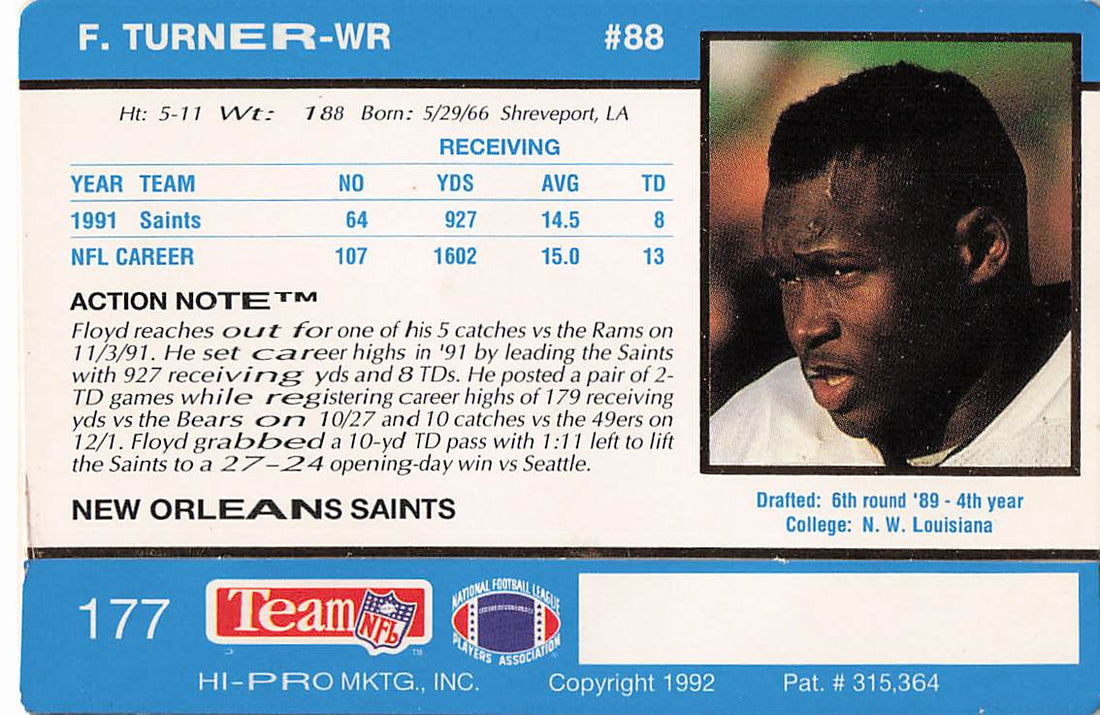 1992 Action Packed Football Floyd Turner #177