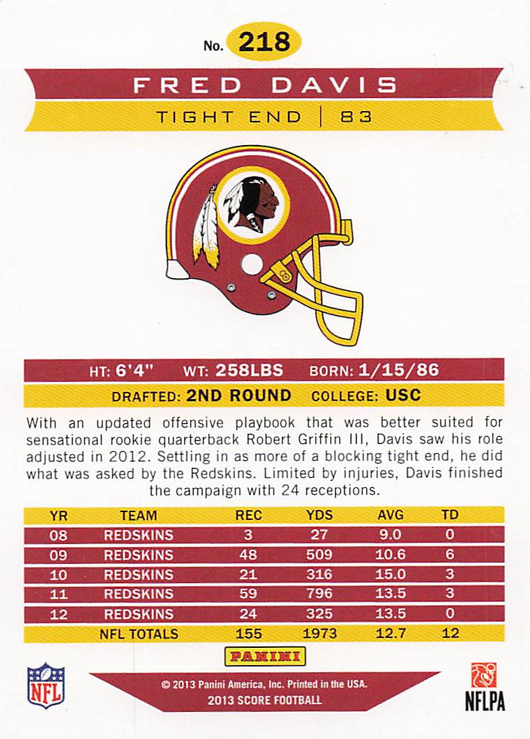 2013 Score Football Fred Davis #218