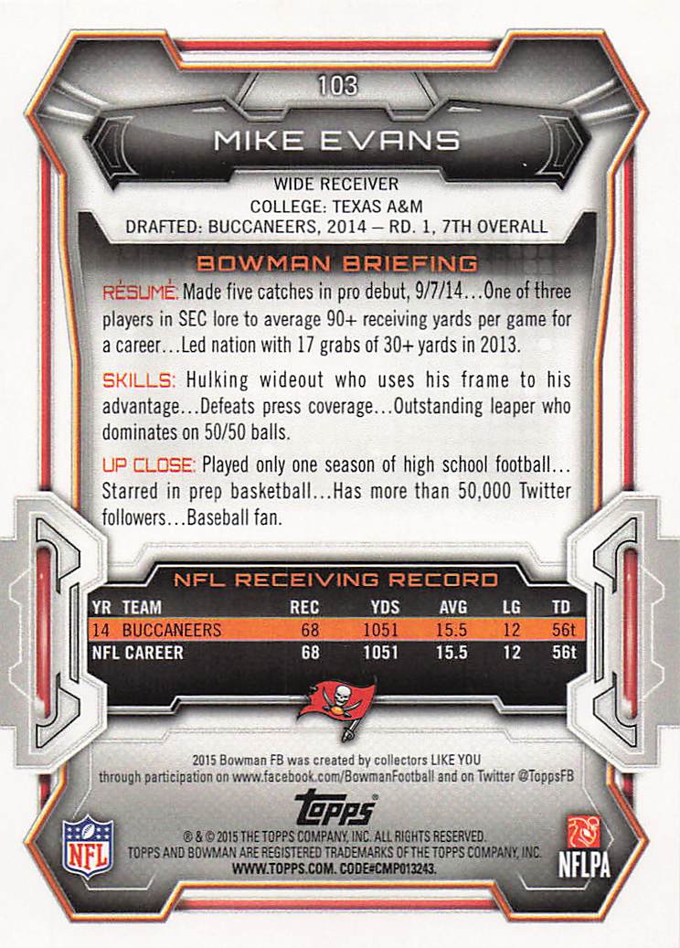 2015 Bowman Football Mike Evans #103