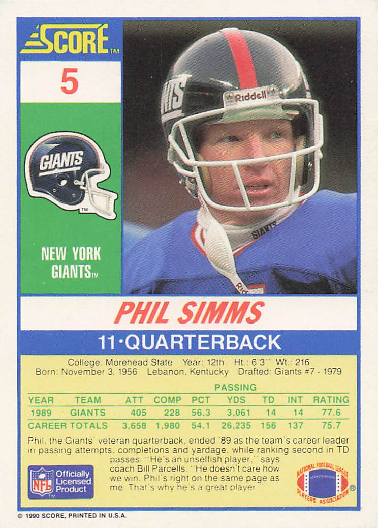 1990 Score 100 Hottest Football Phil Simms #7