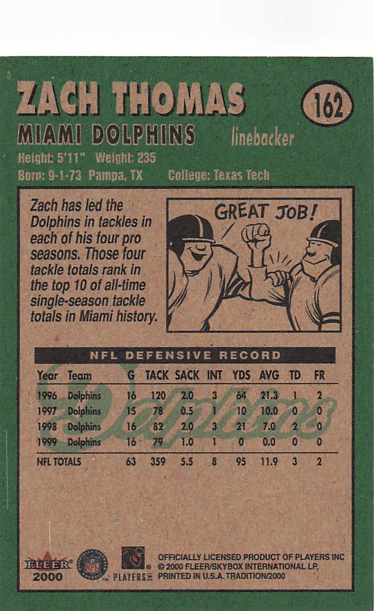 2000 Fleer Tradition Football Zach Thomas #162