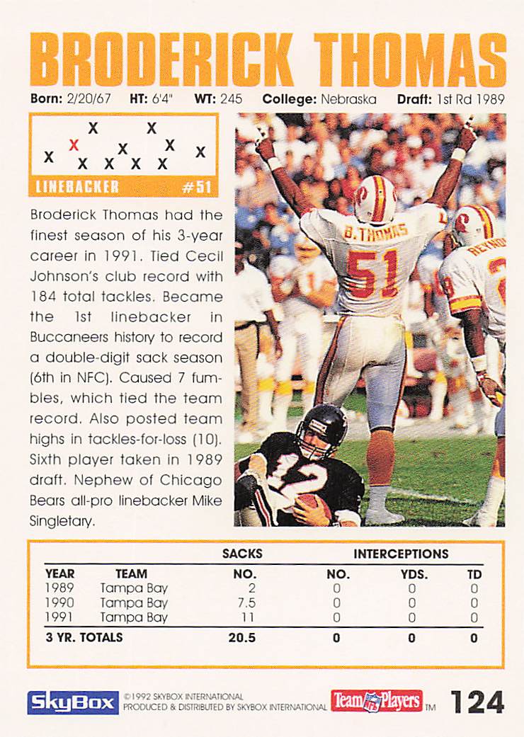 1992 SkyBox Impact Football Broderick Thomas #124