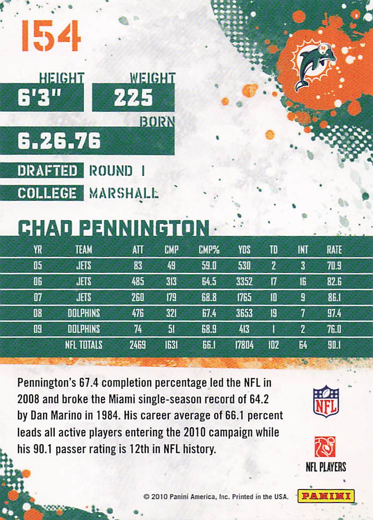 2010 Score Football Chad Pennington #154
