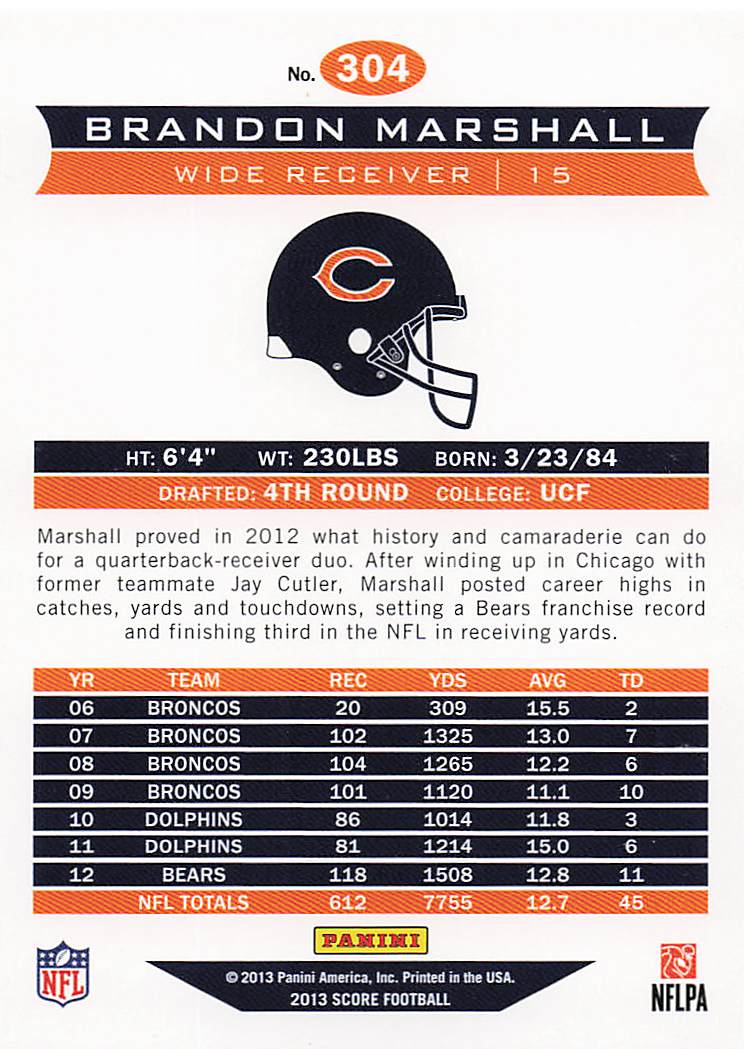2013 Score Football Brandon Marshall #304