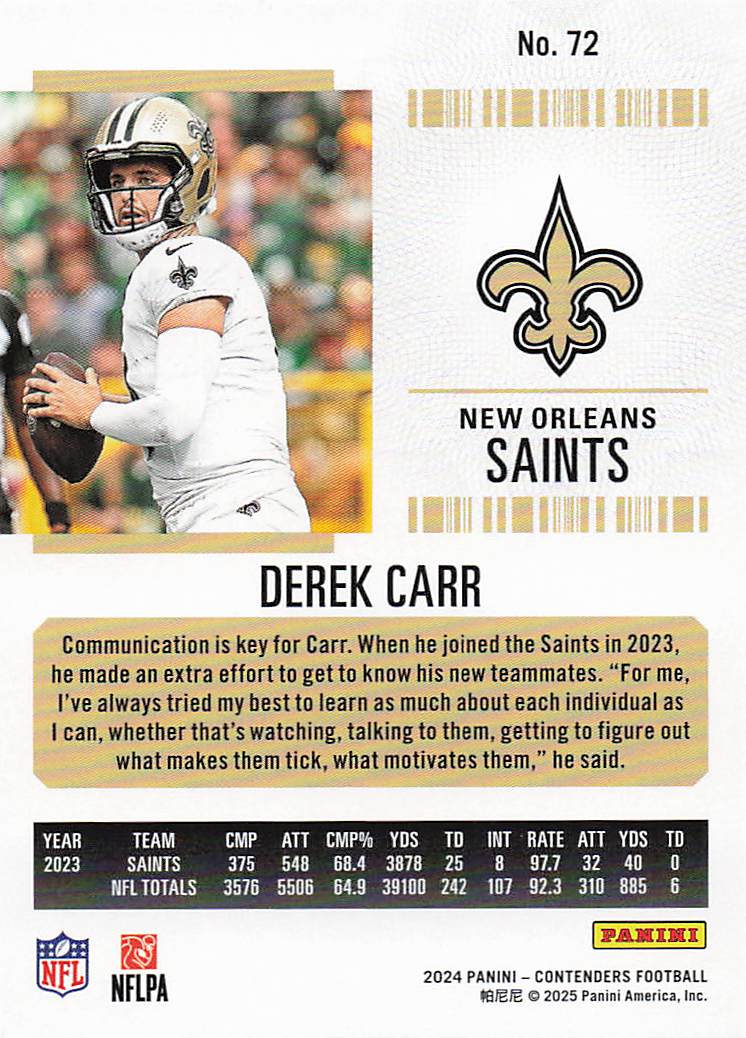 2024 Panini Contenders Football Season Ticket Retail Derek Carr #72