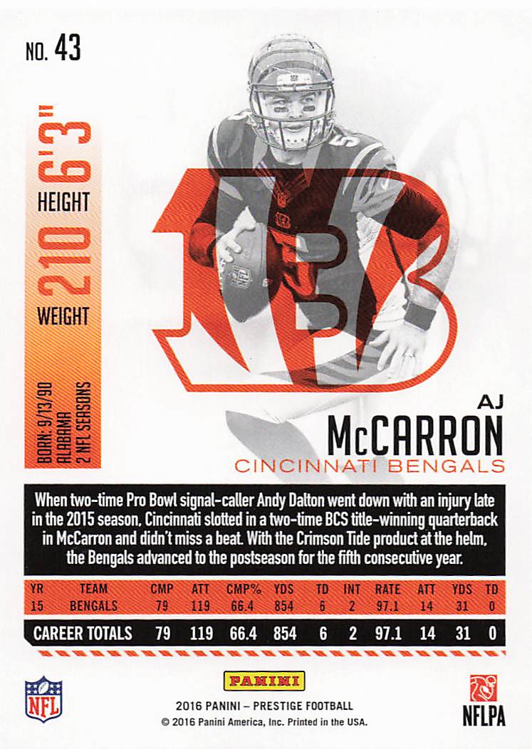 2016 Panini Prestige Football AJ McCarron #43