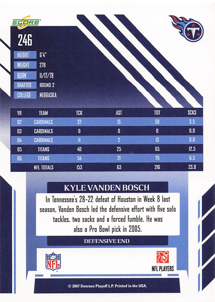 2007 Score Football Kyle Vanden Bosch #246