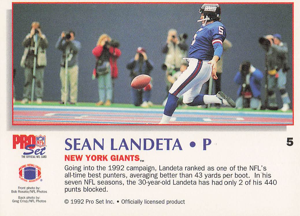 1992 Pro Set Power Football Sean Landeta #5