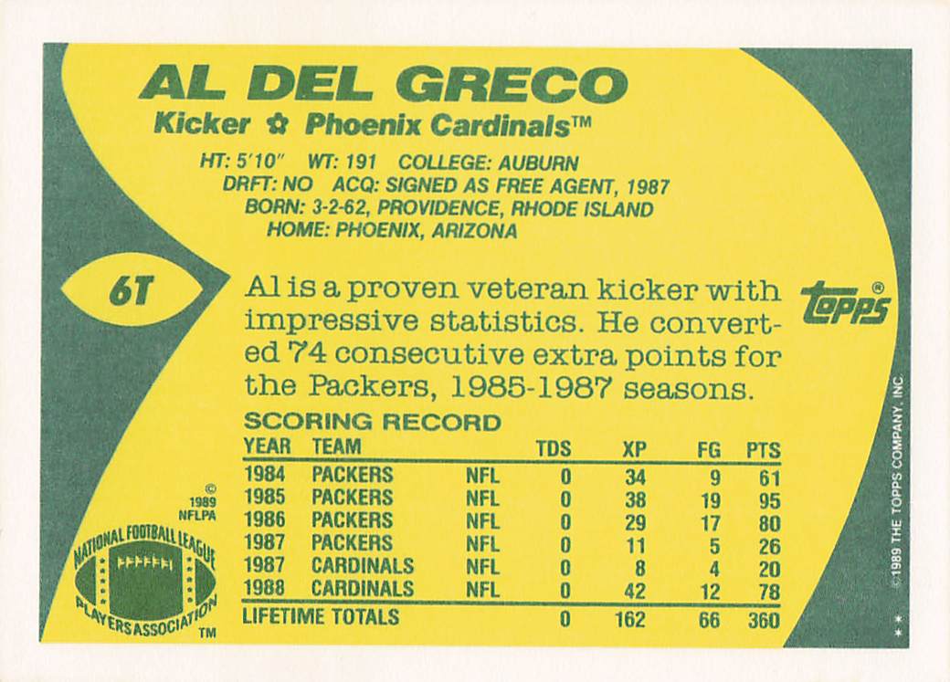 1989 Topps Traded Football Al Del Greco #6T