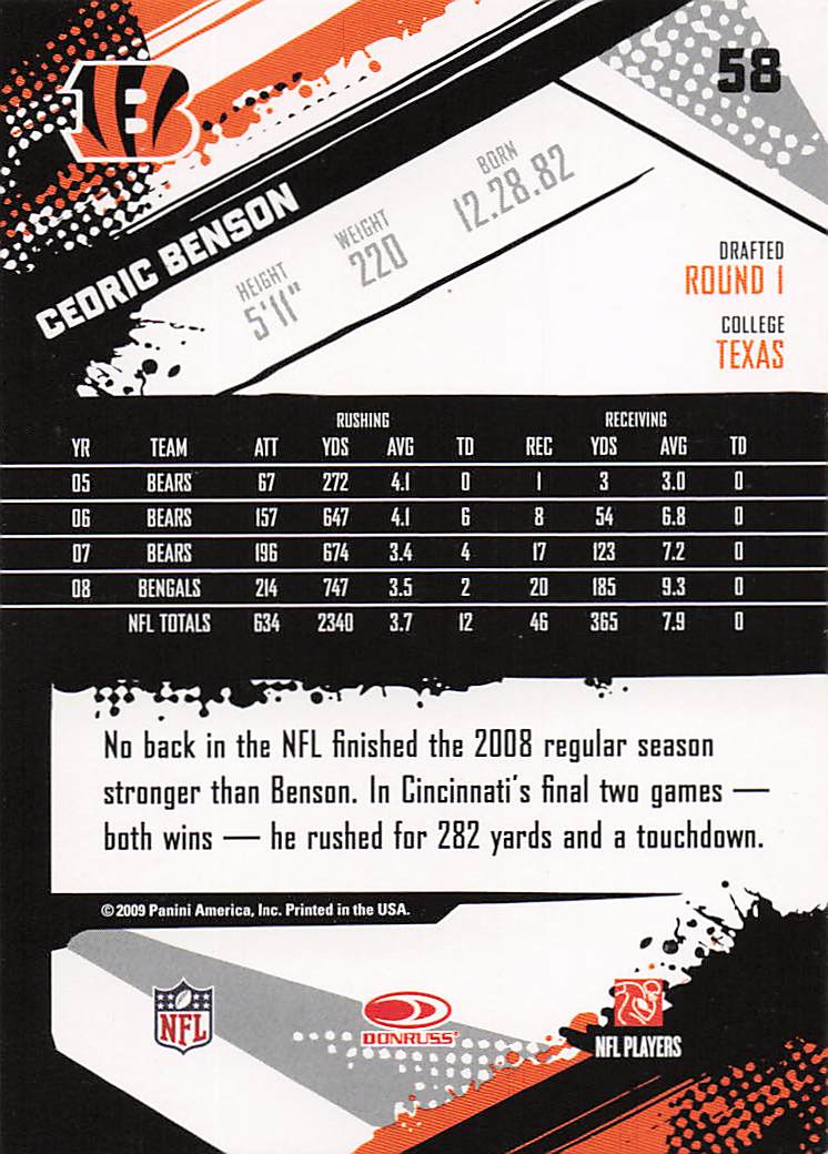 2009 Score Inscriptions Football Cedric Benson #58