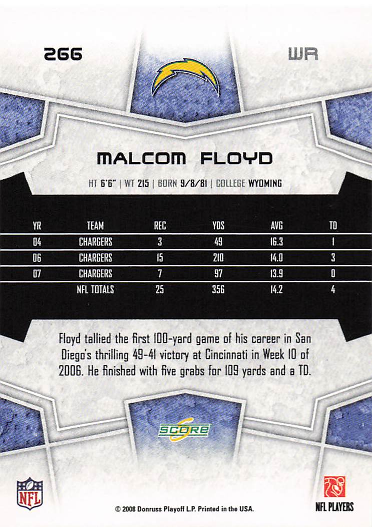 2008 Score Football Scorecard Malcom Floyd #266
