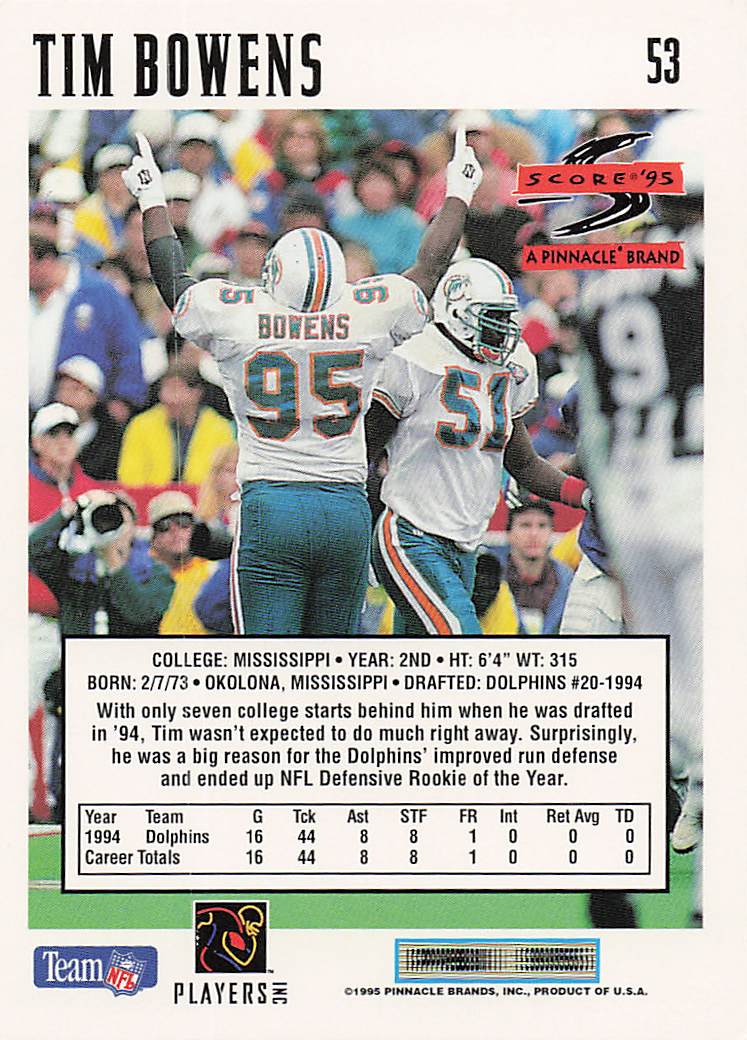 1995 Score Football Tim Bowens #53