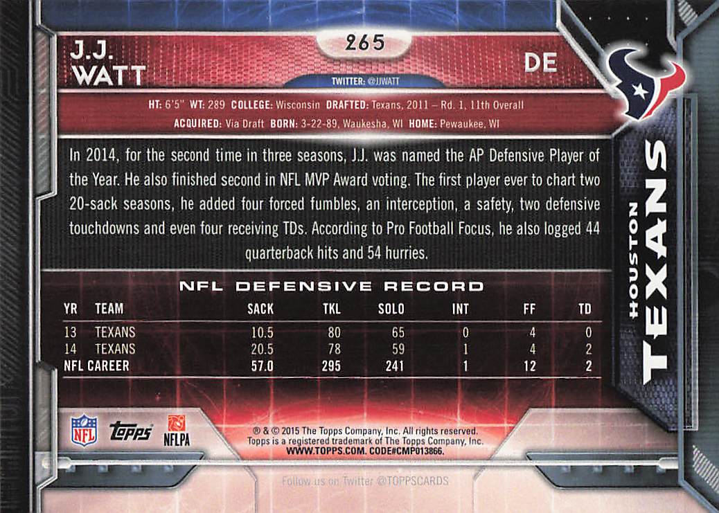 2015 Topps Football J.J. Watt #265