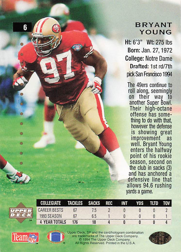 1994 SP Football Bryant Young #6 Rookie