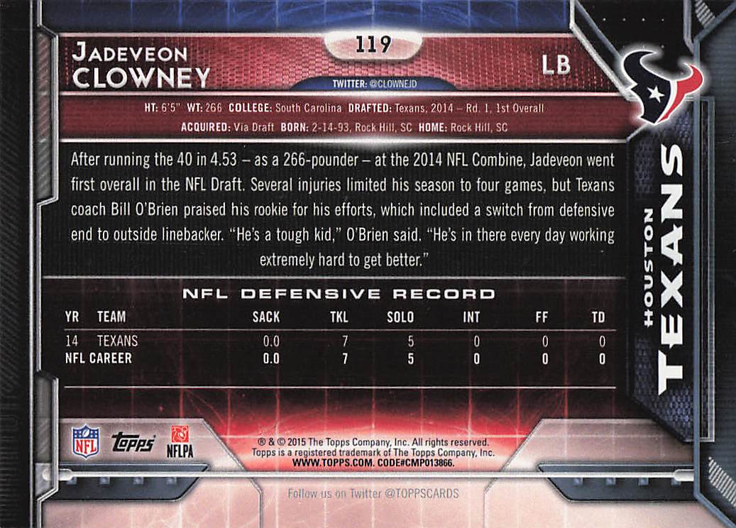 2015 Topps Football Jadeveon Clowney #119