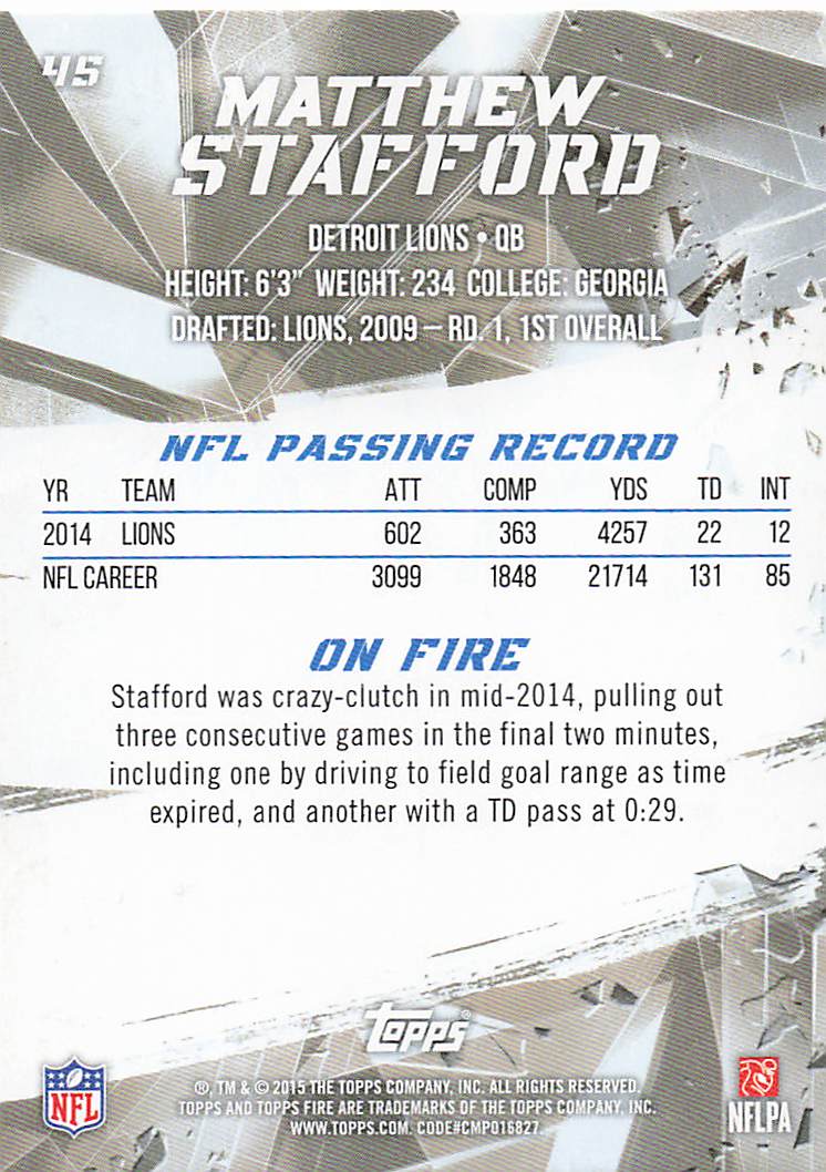 2015 Topps Fire Football Matthew Stafford #45