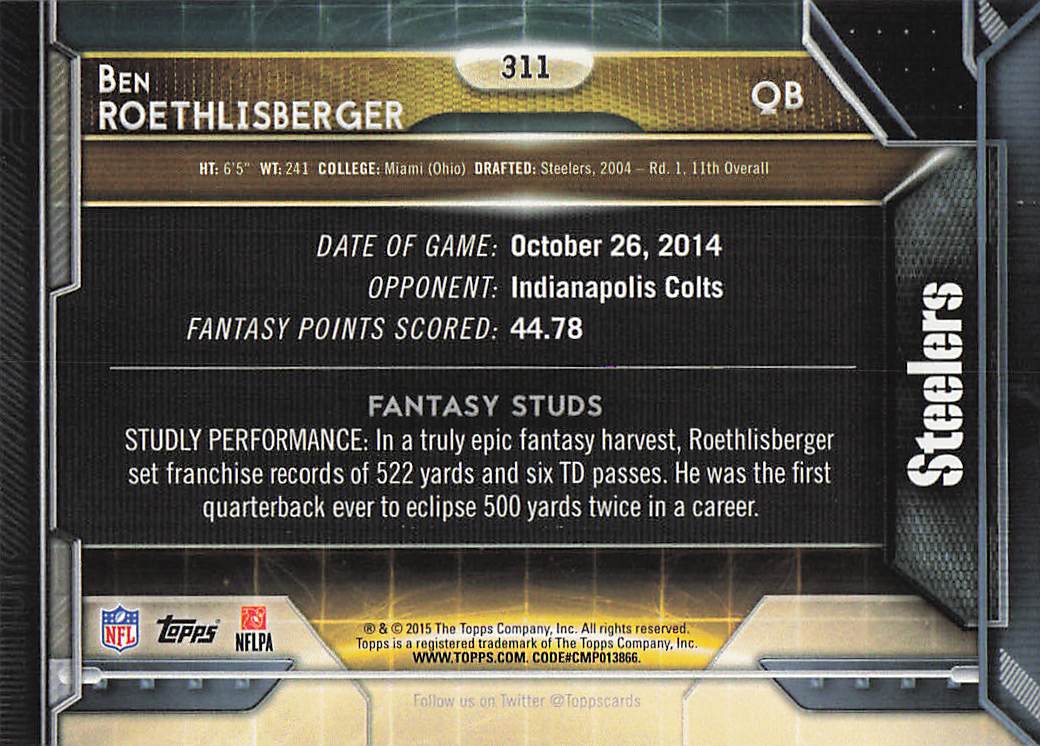 2015 Topps Football Ben Roethlisberger #311