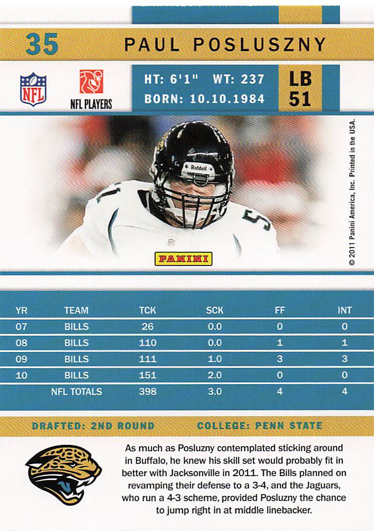2011 Score Football Factory Set Updates Paul Posluszny #35