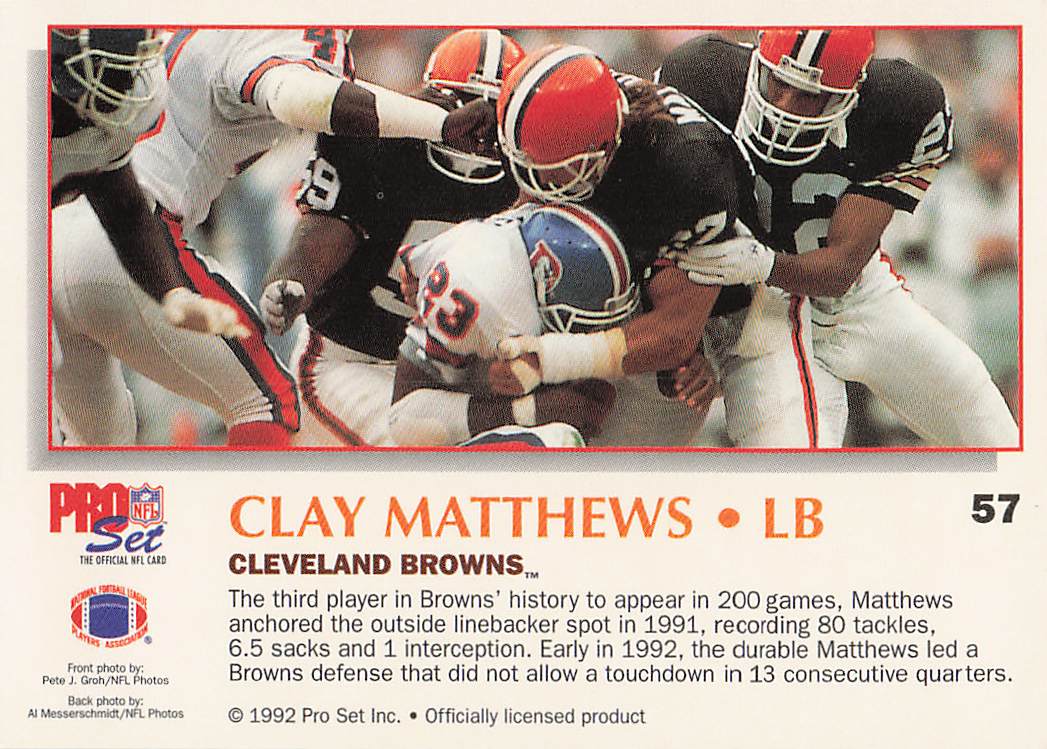 1992 Pro Set Power Football Clay Matthews #57