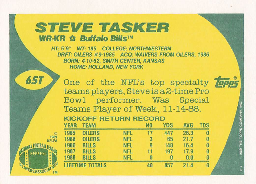 1989 Topps Traded Football Steve Tasker #65T