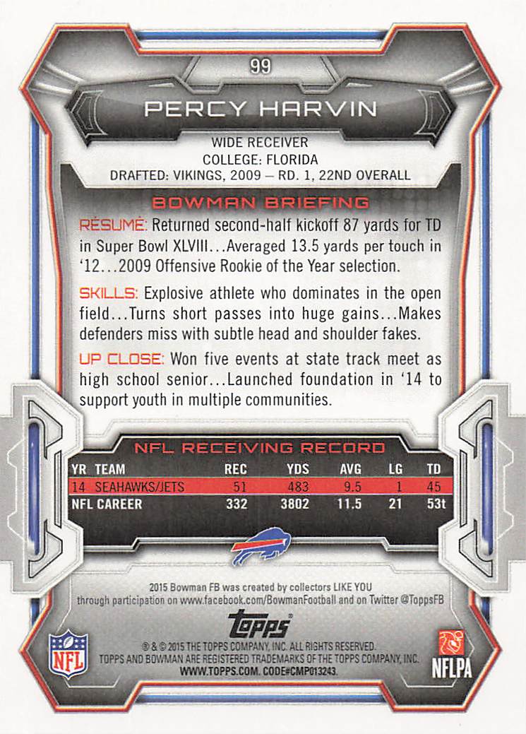 2015 Bowman Football Percy Harvin #99