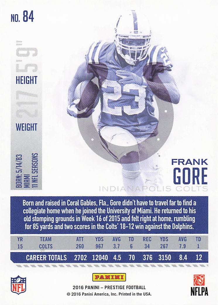 2016 Panini Prestige Football Frank Gore #84