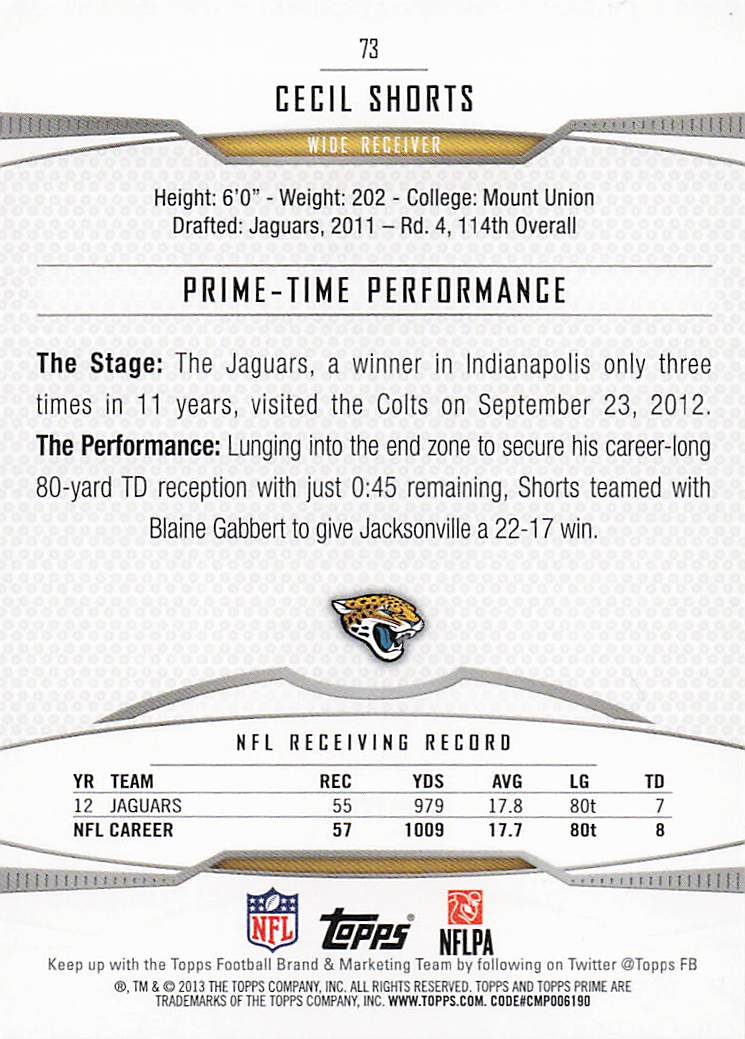 2013 Topps Prime Football Retail Cecil Shorts #73