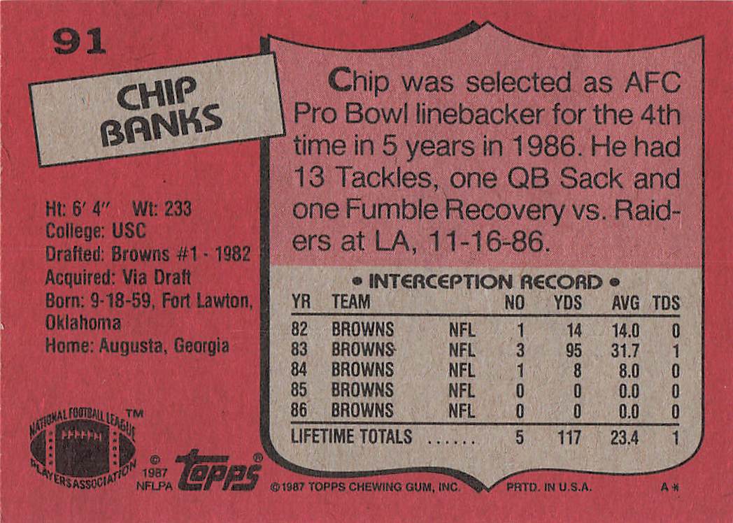 1987 Topps Football Chip Banks #91