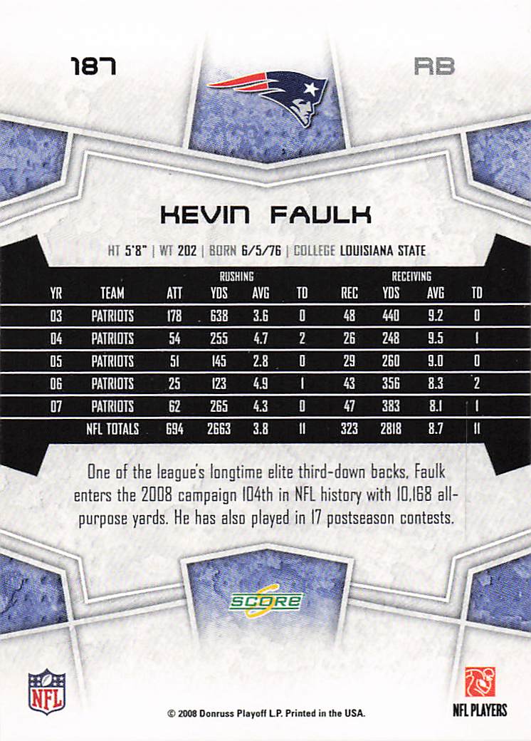 2008 Score Football Scorecard Kevin Faulk #187