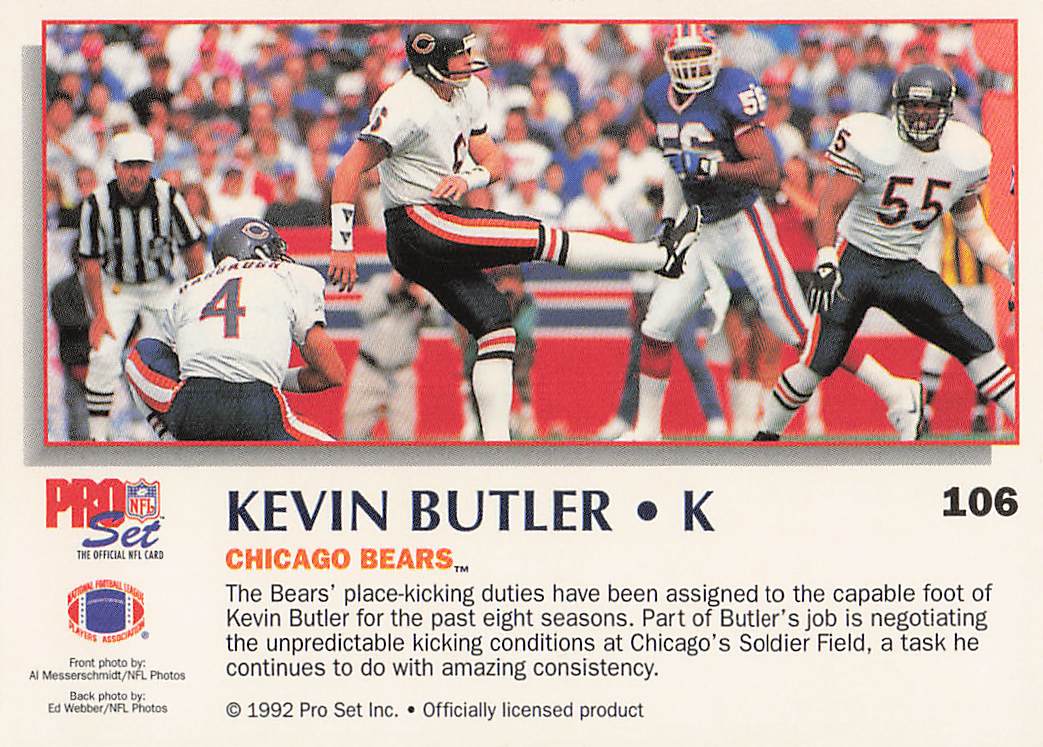 1992 Pro Set Power Football Kevin Butler #106