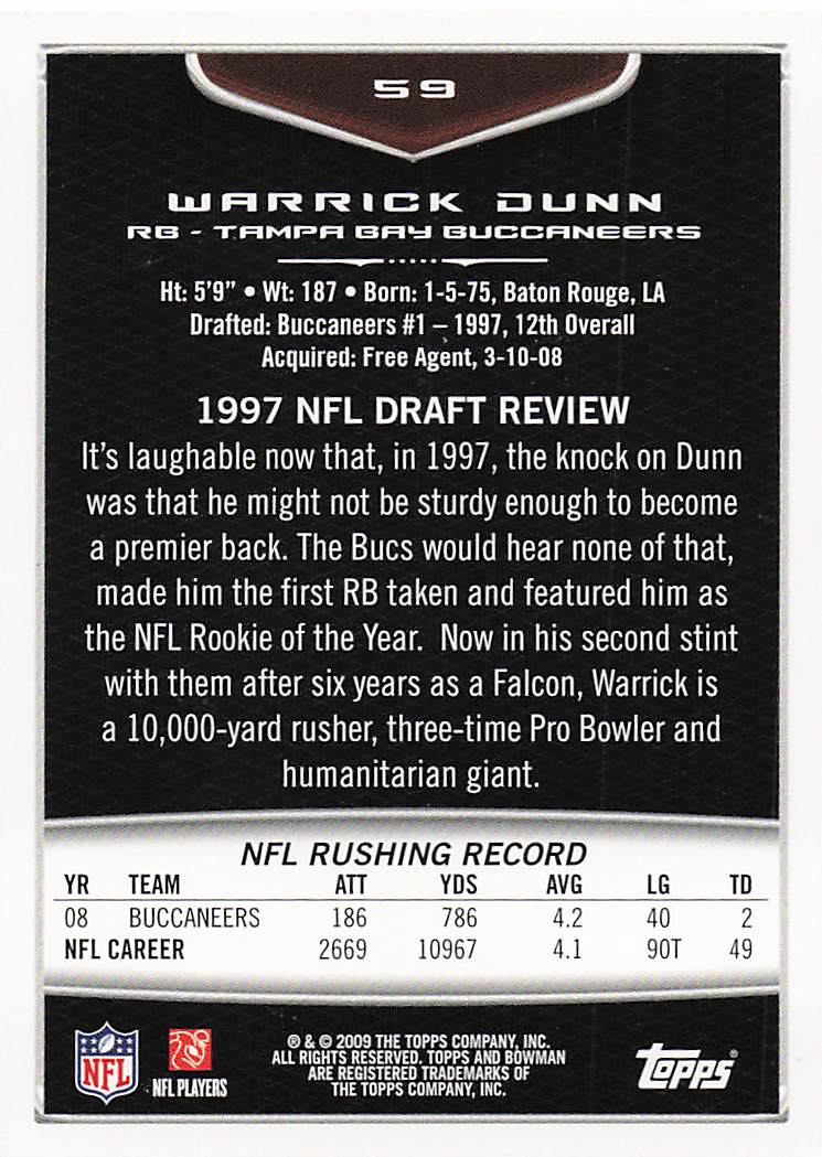 2009 Bowman Draft Picks Football Warrick Dunn #59