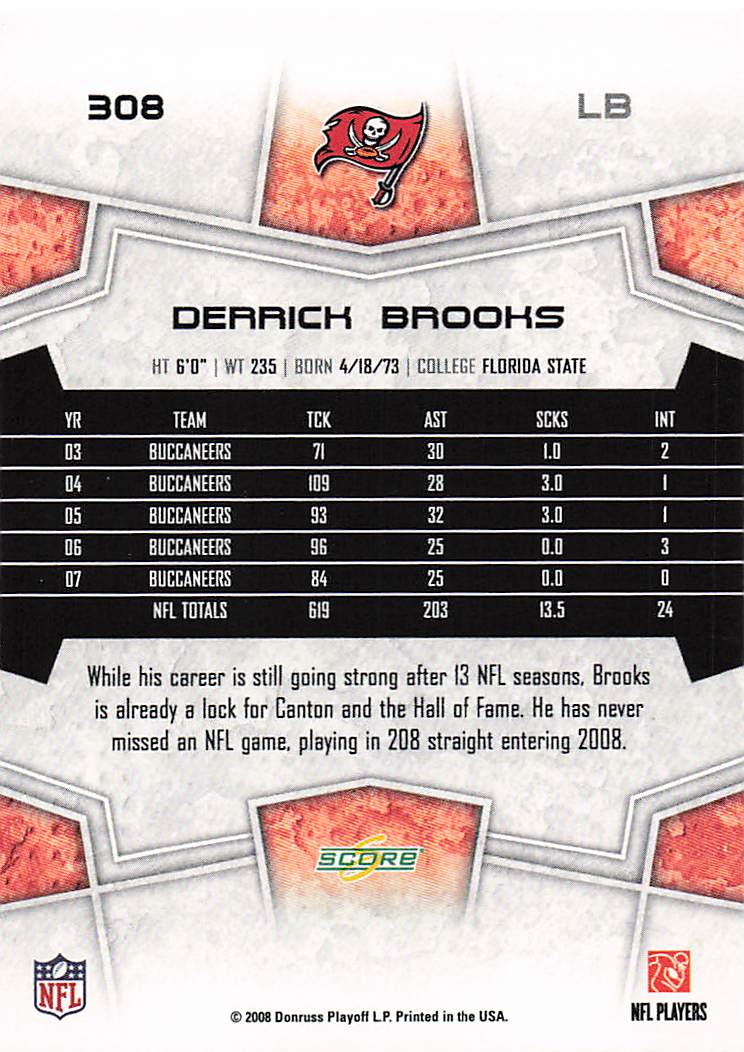 2008 Score Football Derrick Brooks #308