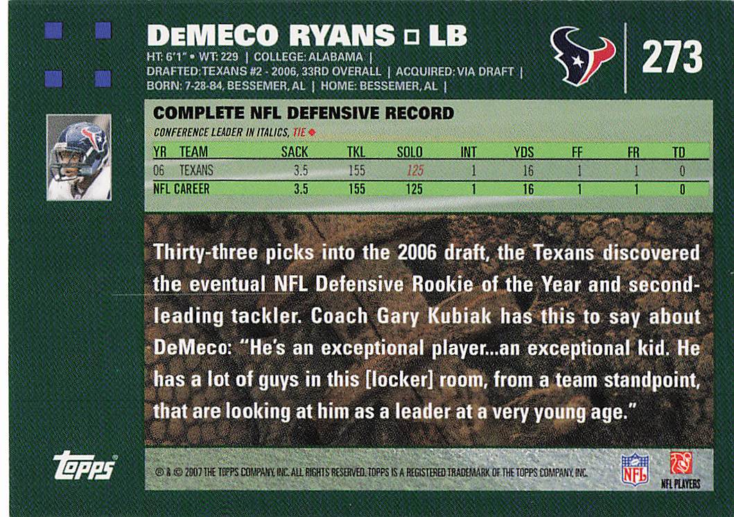 2007 Topps Football Demeco Ryans #273