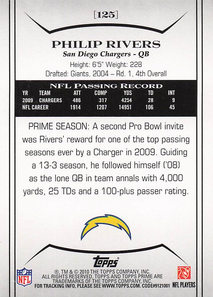 2010 Topps Prime Football Retail Philip Rivers #125