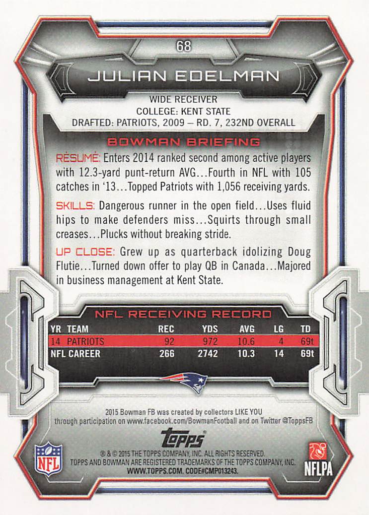 2015 Bowman Football Julian Edelman #68