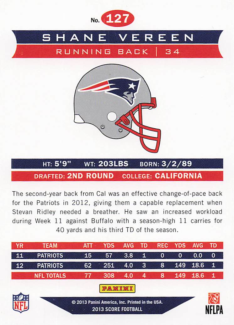 2013 Score Football Shane Vereen #127
