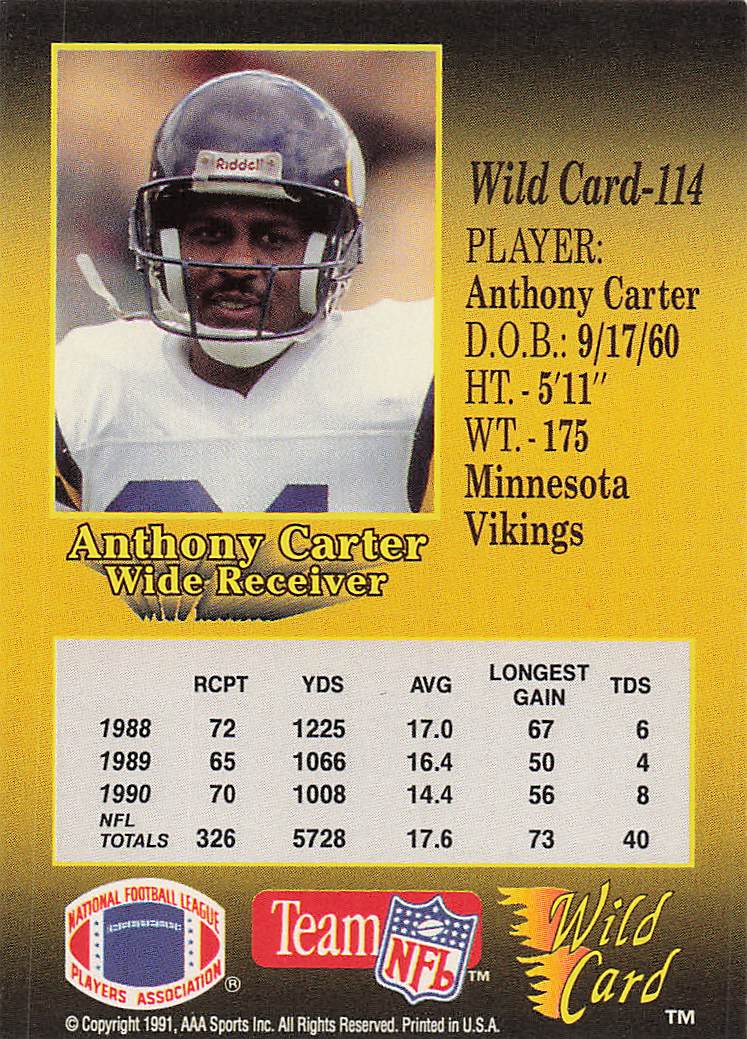 1991 Wild Card Football 5 Stripe Anthony Carter #114