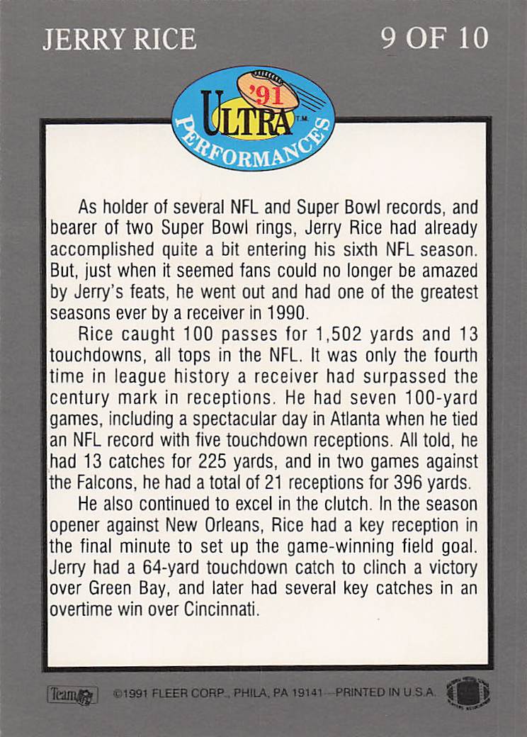 1991 Ultra Football Ultra Performances Jerry Rice #9