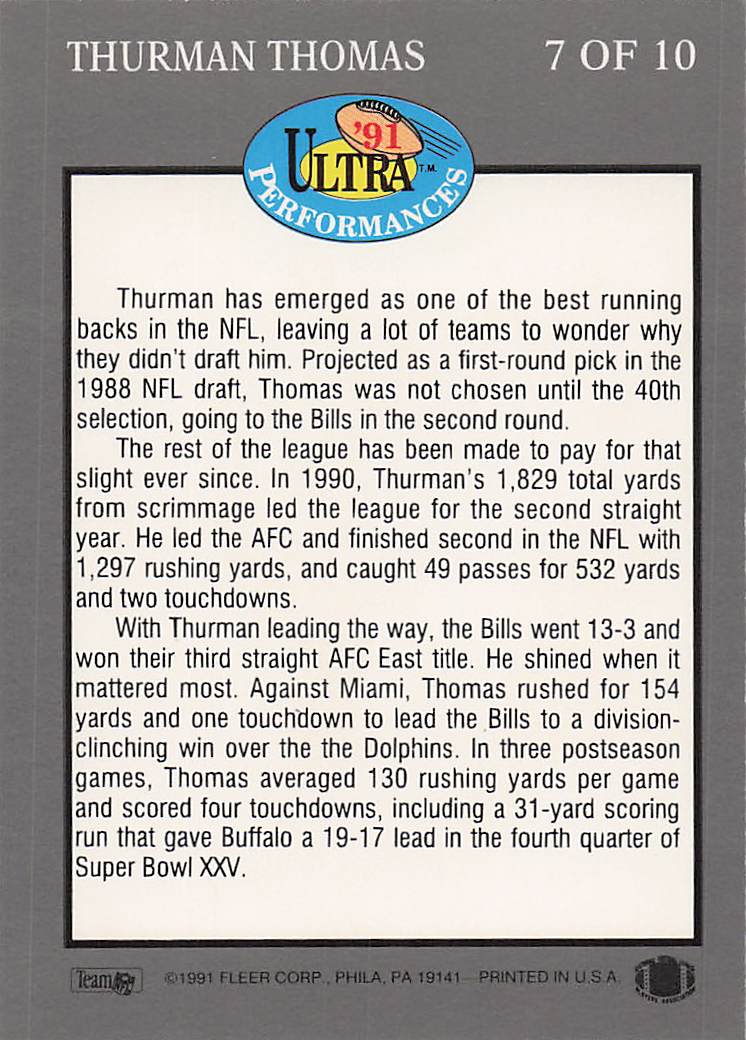 1991 Ultra Football Ultra Performances Thurman Thomas #7