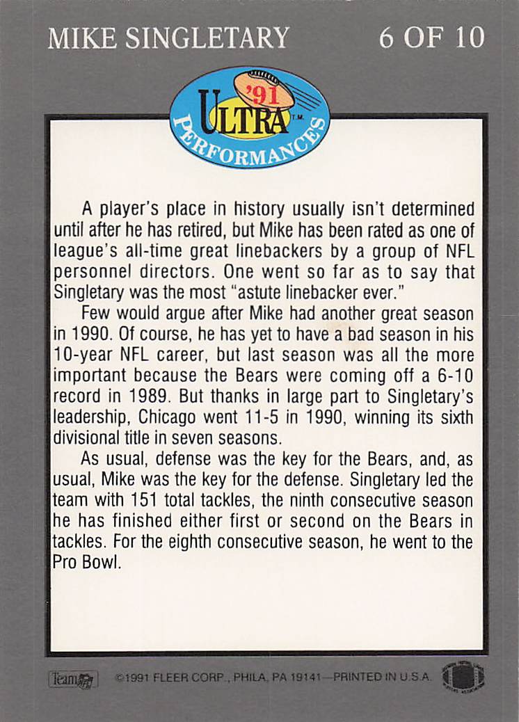 1991 Ultra Football Ultra Performances Mike Singletary #6