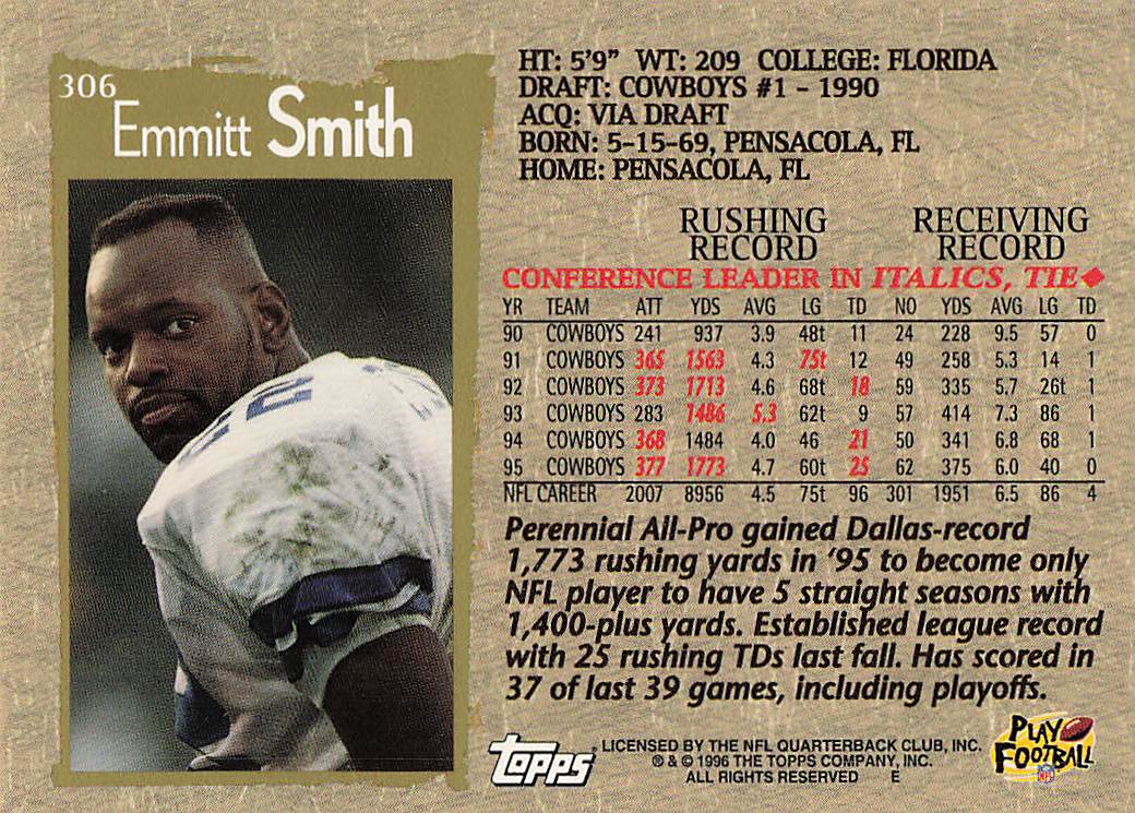 1996 Topps Football Emmitt Smith #306