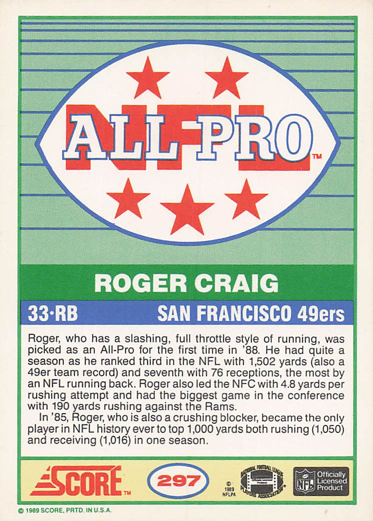 1989 Score Football Roger Craig #297