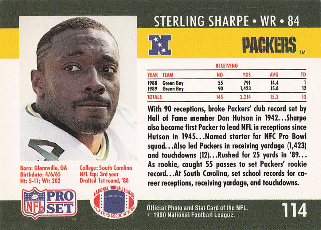 1990 Pro Set Football Sterling Sharpe #114a