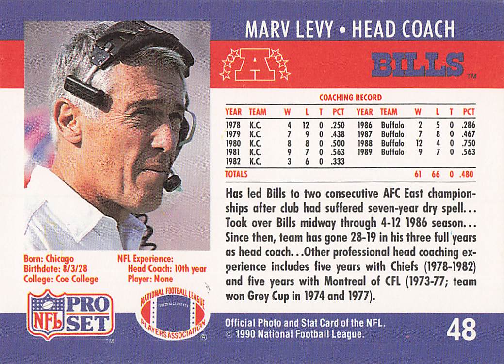1990 Pro Set Football Marv Levy #48