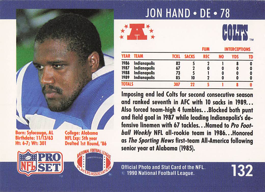 1990 Pro Set Football Jon Hand #132