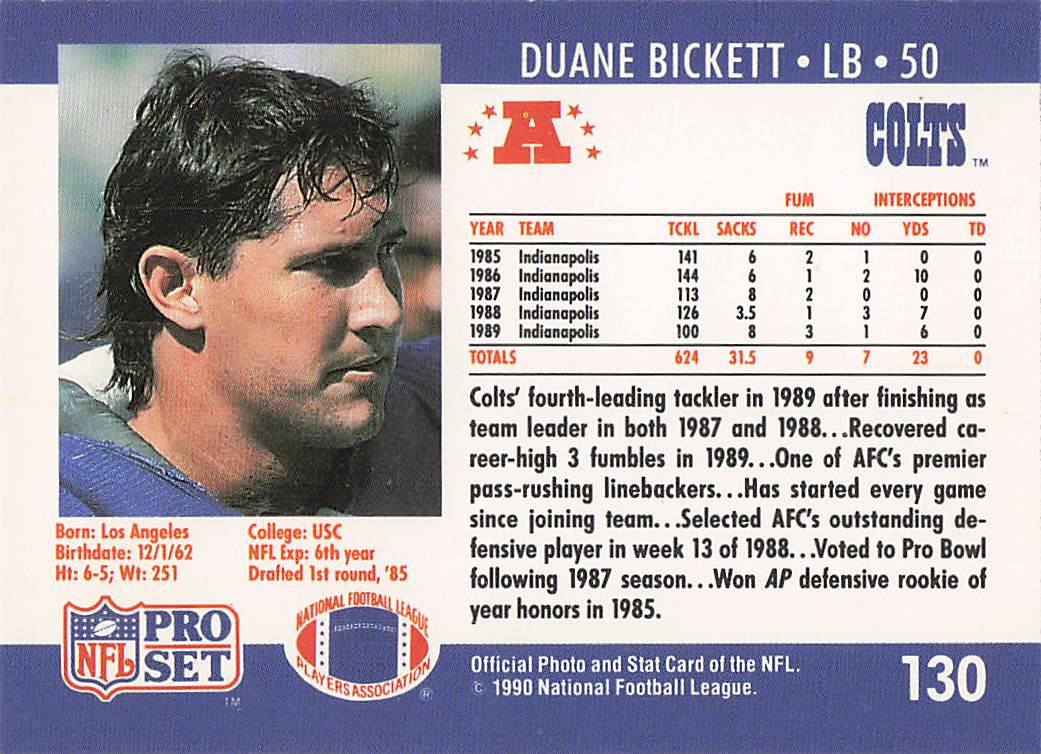 1990 Pro Set Football Duane Bickett #130