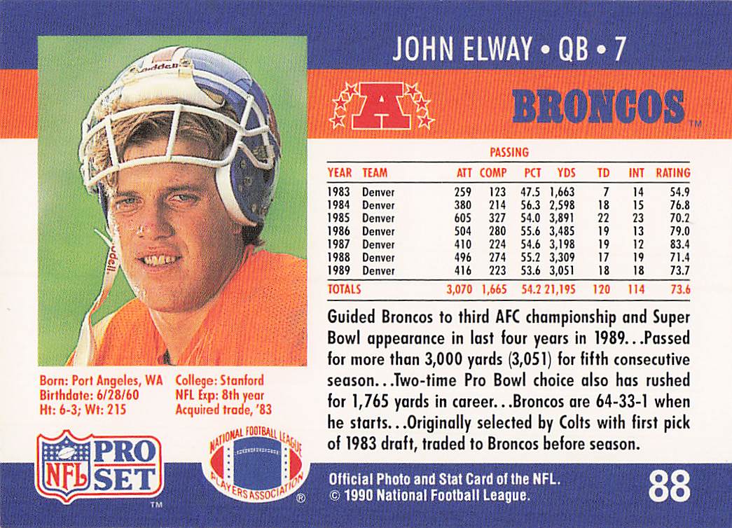 1990 Pro Set Football John Elway #88